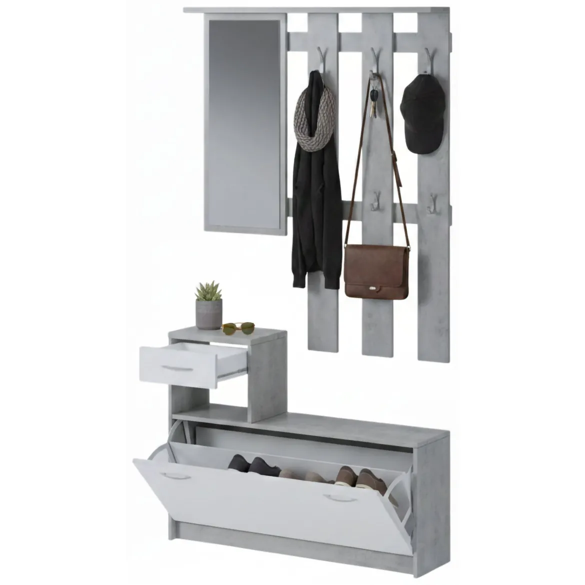 Mobile ingresso sospeso con scarpiera bianco e cemento 100x190h cm - Garolfo