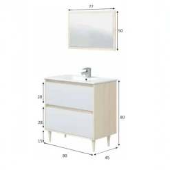 Mobile lavabo con specchio 80x45x80h cm bianco lucido e rovere - Berillo