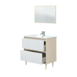 Mobile lavabo con specchio 80x45x80h cm bianco lucido e rovere - Berillo