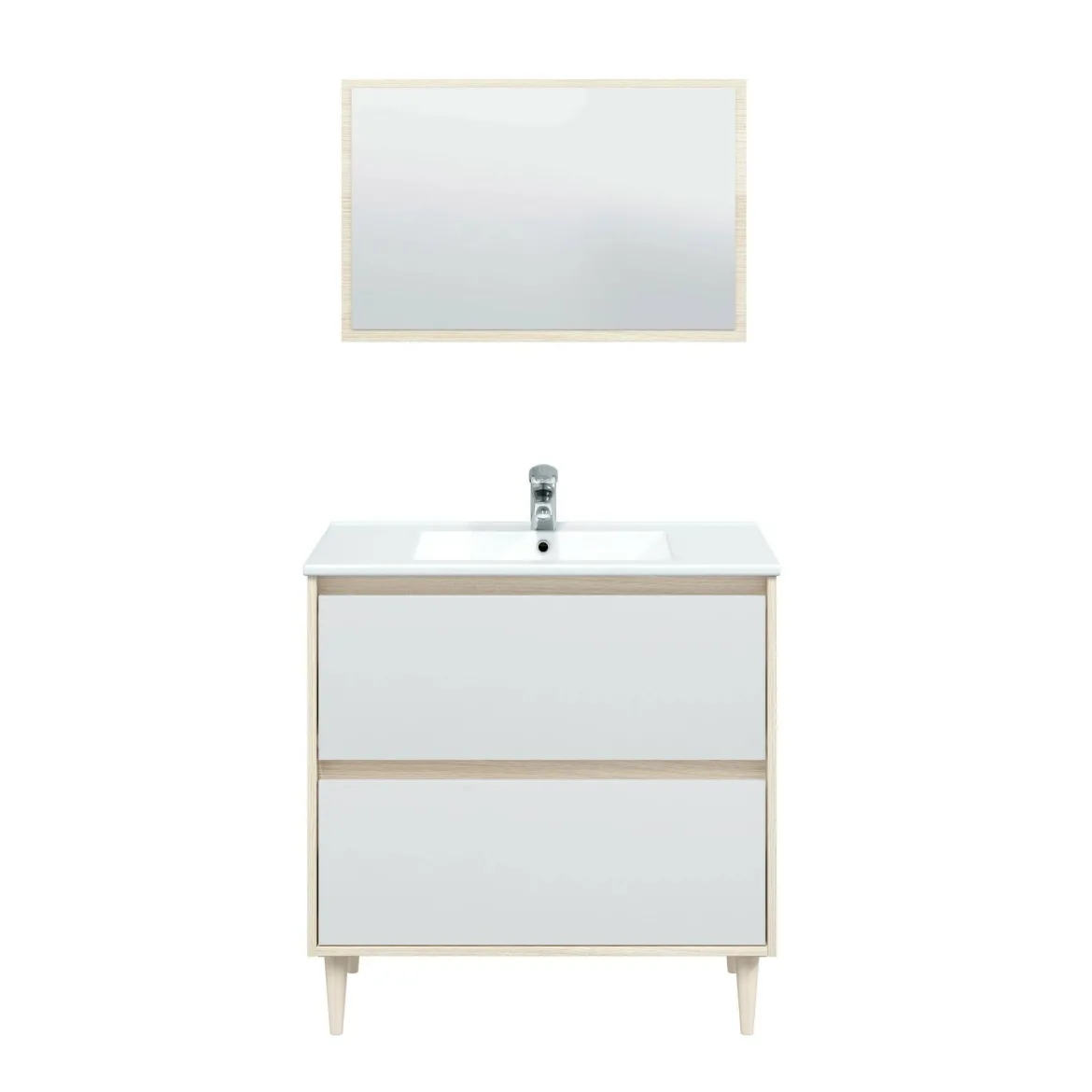 Mobile lavabo con specchio 80x45x80h cm bianco lucido e rovere - Berillo