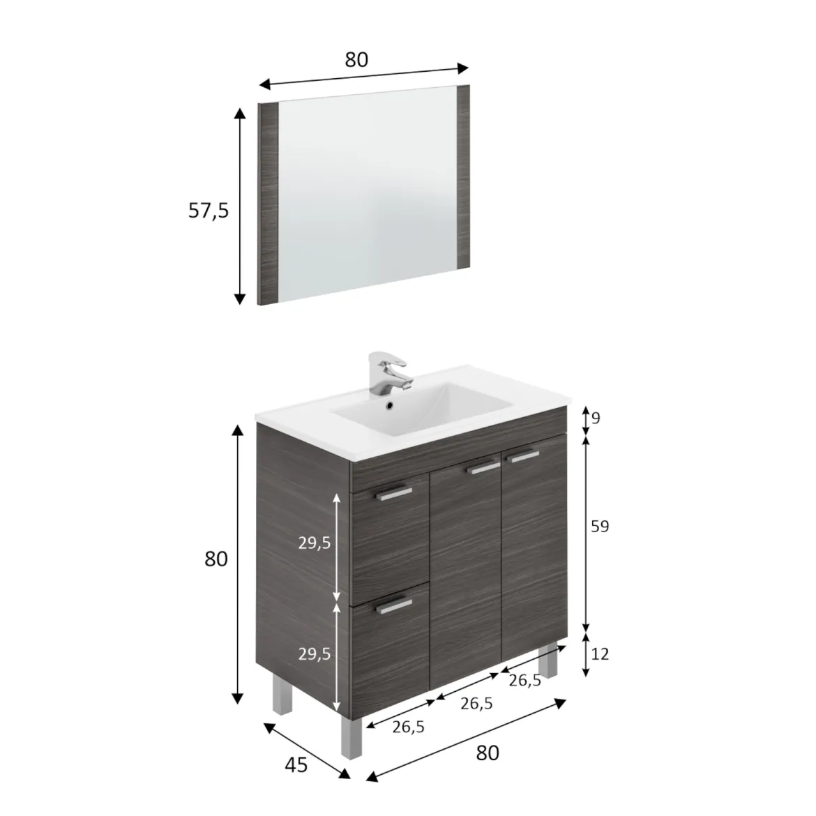 Mobile lavandino 3 cassetti 80x45x86h cm bianco lucido e rovere - Dianmu
