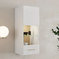 Mobile Pensile Bianco Opaco Marrone Rovere 2 Ripiani Un'anta 39x96h cm, Anta e Ripiano Dettaglio Vetro - Gonnes