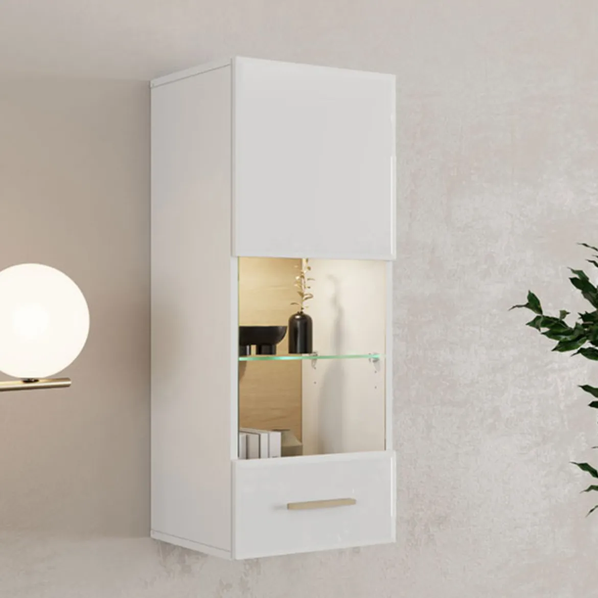 Mobile Pensile Bianco Opaco Marrone Rovere 2 Ripiani Un'anta 39x96h cm, Anta e Ripiano Dettaglio Vetro - Gonnes