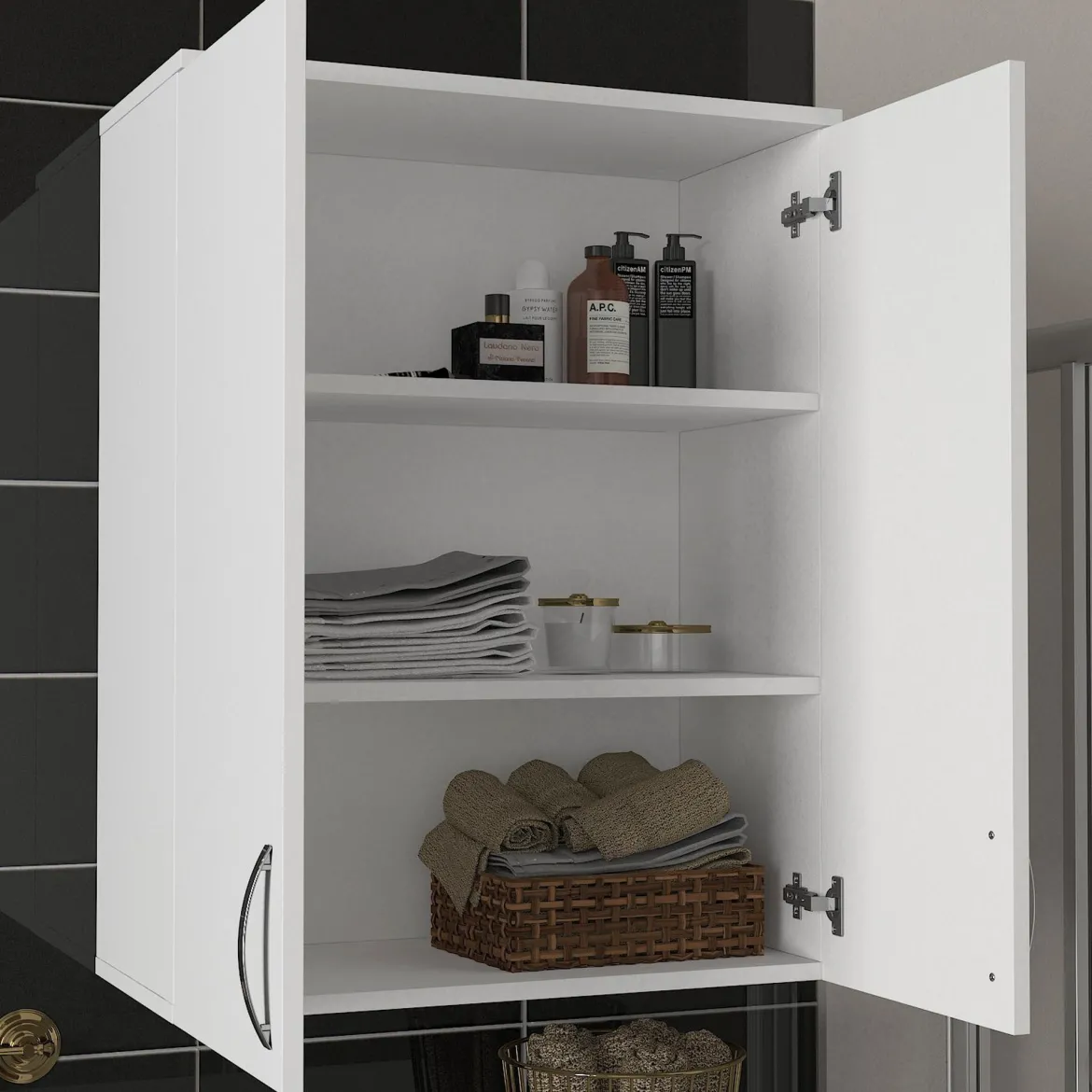 Mobile Pensile Bianco 2 Ripiani 2 Ante 70x90h cm, 3 Vani - Isili