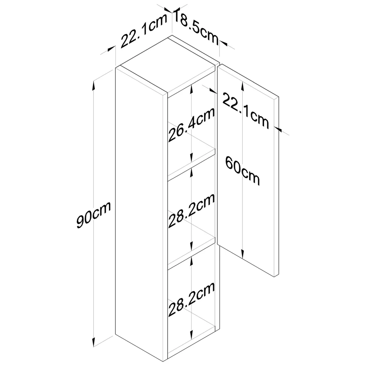 Mobile Pensile Marrone Noce 2 Ripiani Un'anta 30x71h cm, 3 Vani - Tarano