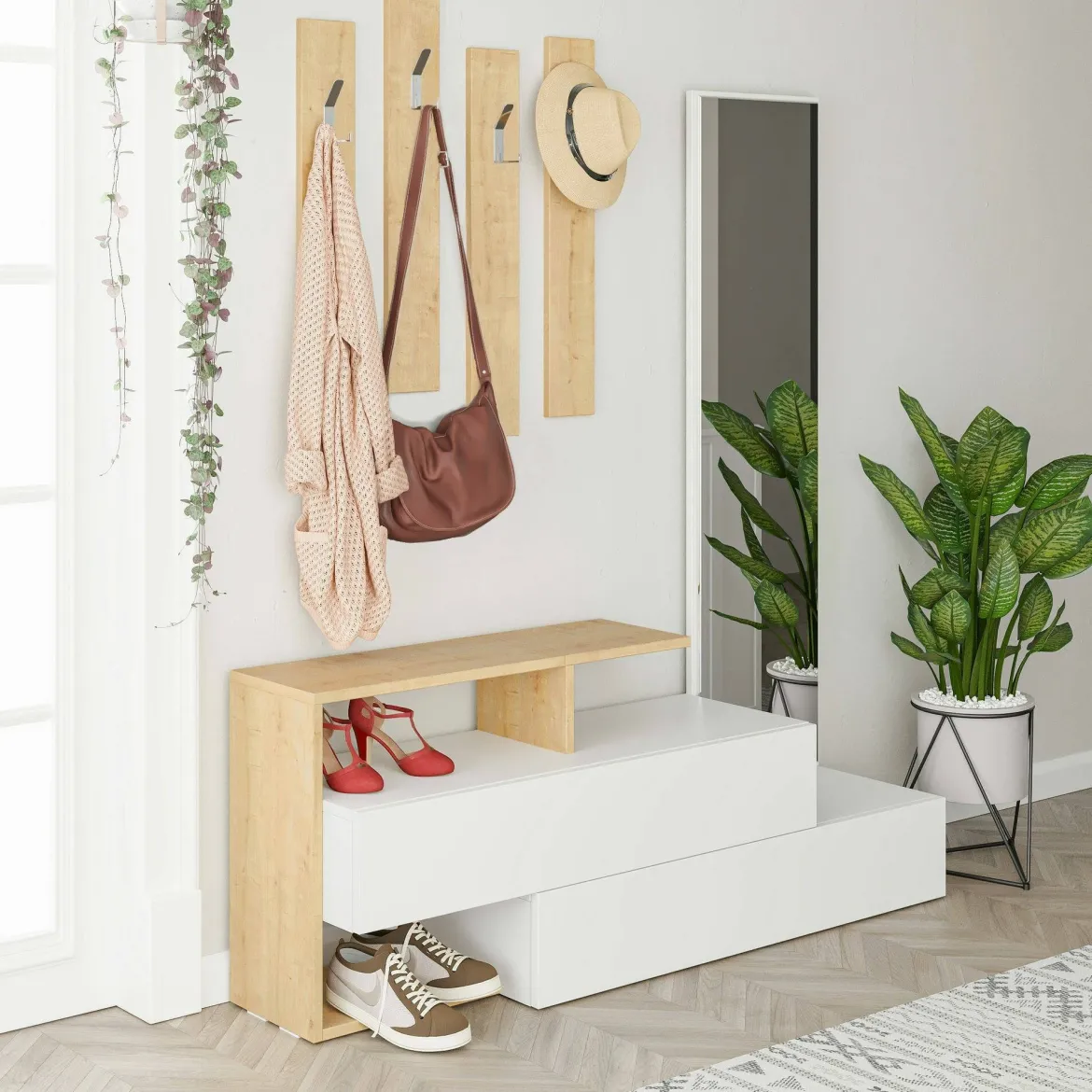 Mobile per ingresso sospeso 2 ante bianco e rovere 137x54h cm - Ascari