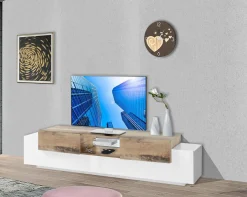 Mobile porta TV Amato, cm 220x45h51, Bianco lucido e Acero
