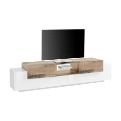Mobile porta TV Amato, cm 220x45h51, Bianco lucido e Acero
