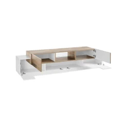 Mobile porta TV Amato, cm 220x45h51, Bianco lucido e Acero