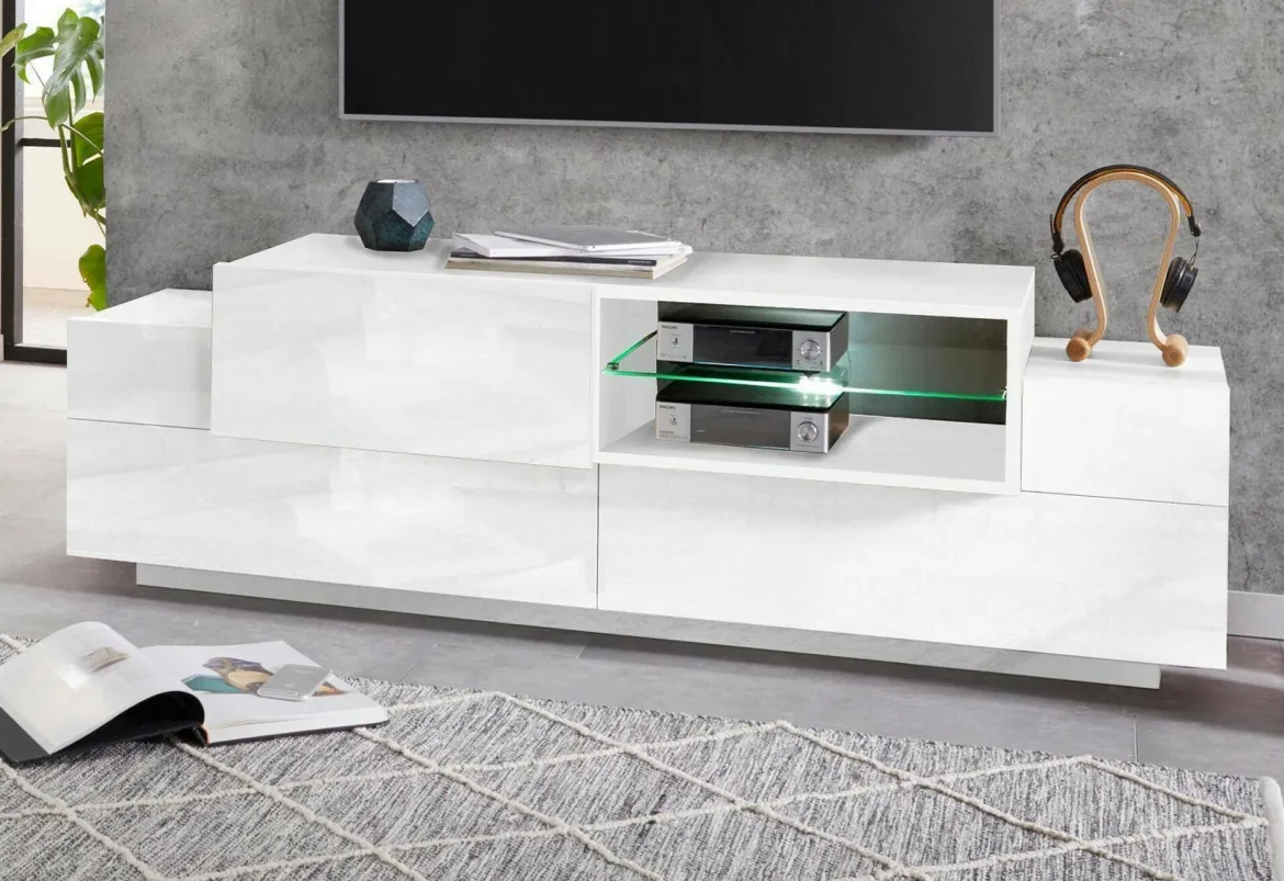 Mobile porta TV Andris, cm 160x45h51, Bianco lucido