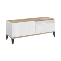 Mobile porta TV Atris, cm 120x40h47, Bianco lucido e Acero