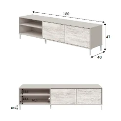 Mobile Porta tv Beige Bianco Anticato Cassetti un Ripiano 180x40x47h cm, 2 Ante - Nociglia