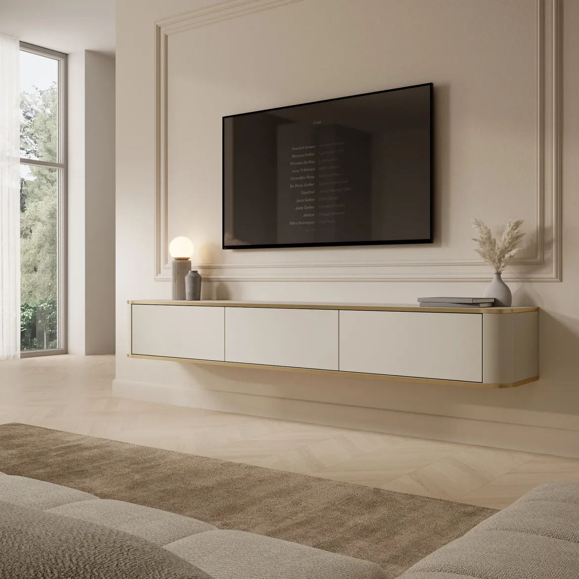 Mobile Porta tv Beige Cashmere oro 3 Ripiani 4 Ante 181x39x62h cm, con led - Kalerora