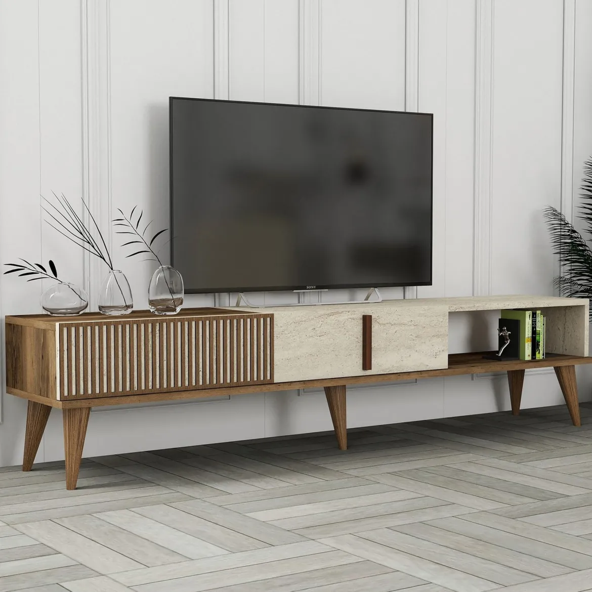 Mobile Porta tv Beige Marmo Marrone Rovere un Ripiano 4 Ante 180x33x50h cm, 4 Vani - Clusone
