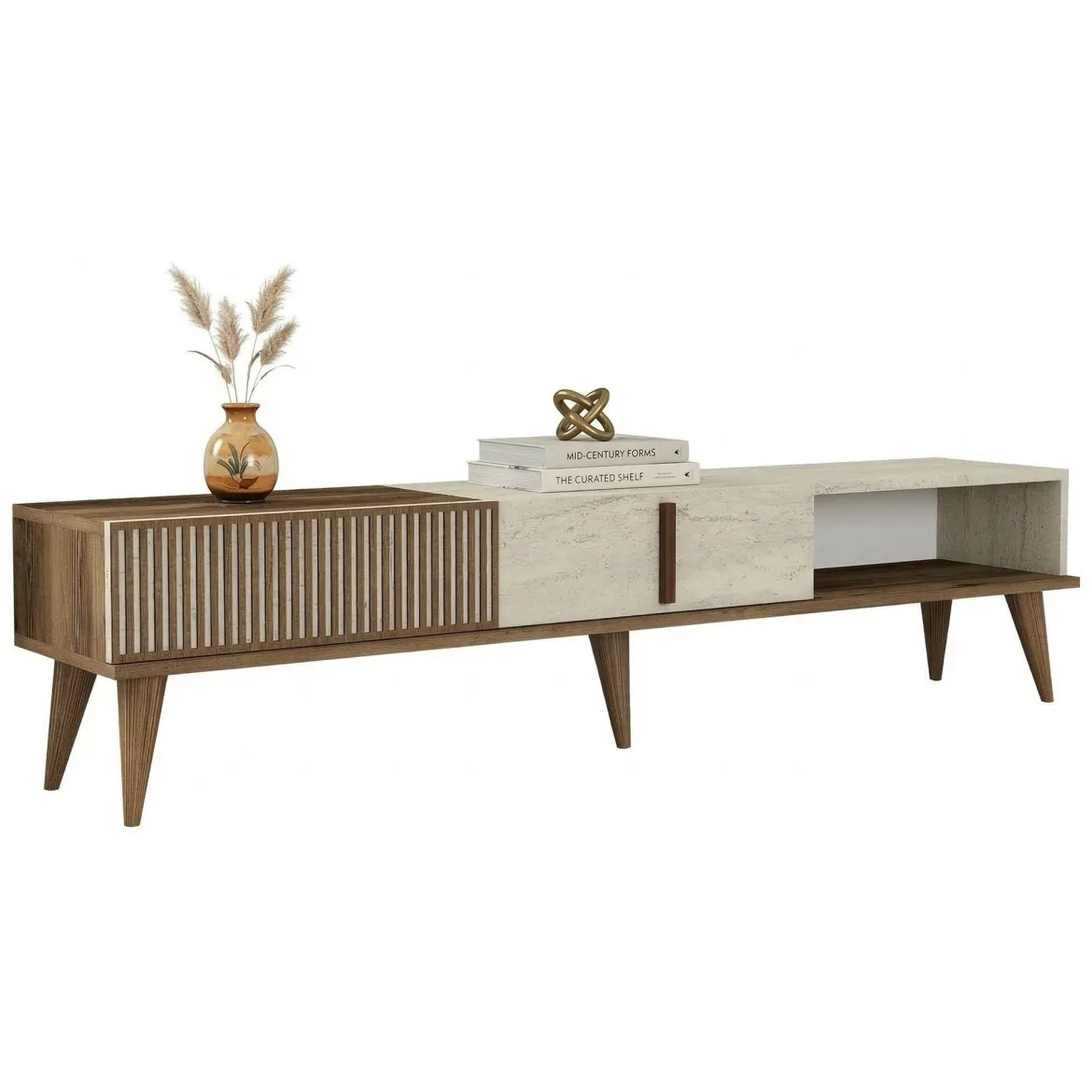 Mobile Porta tv Beige Marmo Marrone Rovere un Ripiano 4 Ante 180x33x50h cm, 4 Vani - Clusone