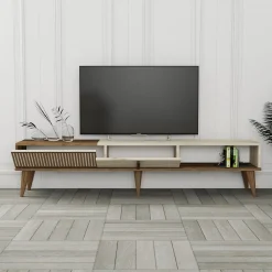 Mobile Porta tv Beige Marmo Marrone Rovere un Ripiano 4 Ante 180x33x50h cm, 4 Vani - Clusone