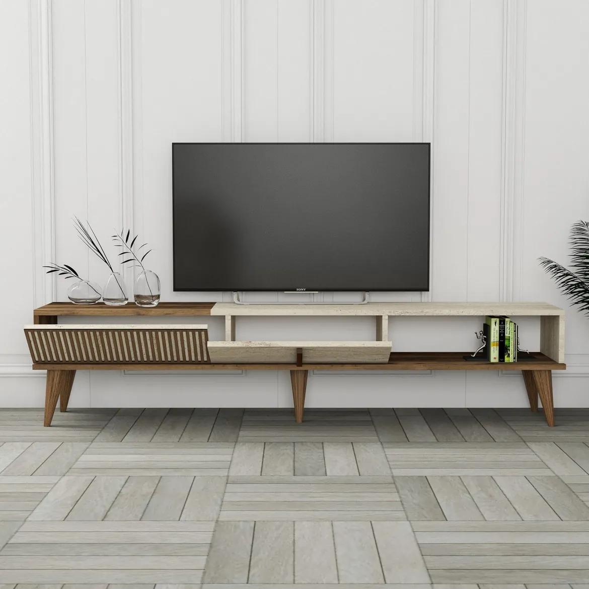 Mobile Porta tv Beige Marmo Marrone Rovere un Ripiano 4 Ante 180x33x50h cm, 4 Vani - Clusone
