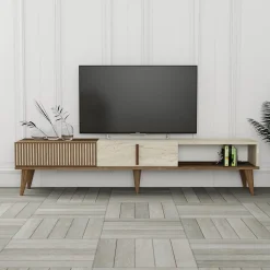 Mobile Porta tv Beige Marmo Marrone Rovere un Ripiano 4 Ante 180x33x50h cm, 4 Vani - Clusone