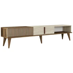 Mobile Porta tv Beige Marmo Marrone Rovere un Ripiano 4 Ante 180x33x50h cm, 4 Vani - Clusone