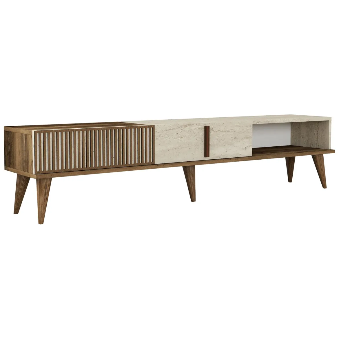 Mobile Porta tv Beige Marmo Marrone Rovere un Ripiano 4 Ante 180x33x50h cm, 4 Vani - Clusone