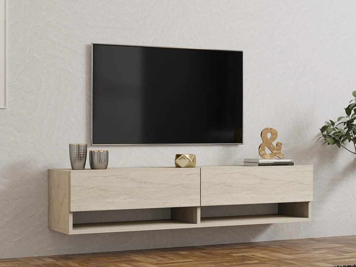 Mobile Porta tv Beige Marmo 2 Ripiani 2 Ante 141x30x31h cm, 4 Vani - Olmi