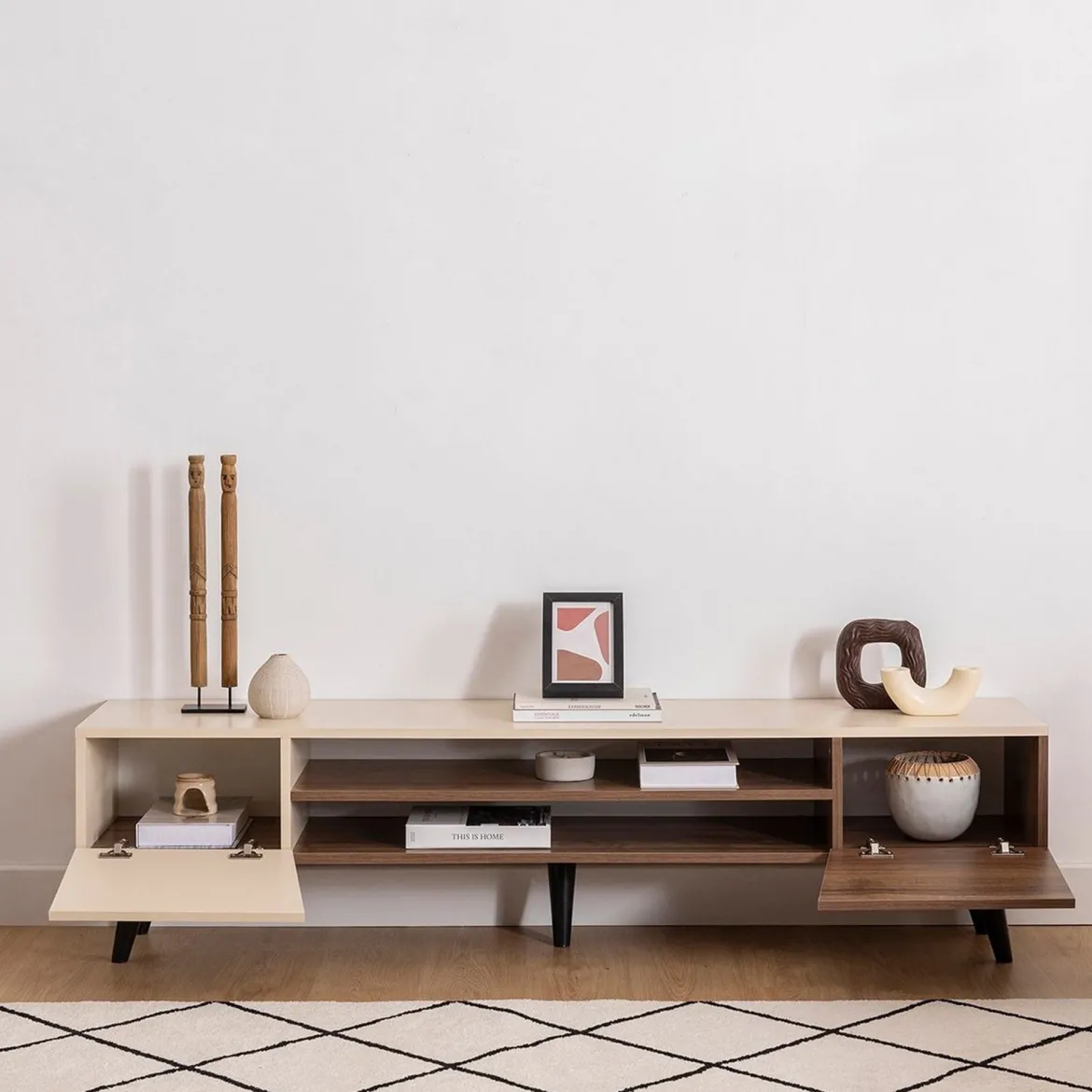 Mobile Porta tv Beige Marrone Rovere 2 Cassetti 2 Ripiani 203x40x43h cm, 2 Ante - Kakagano