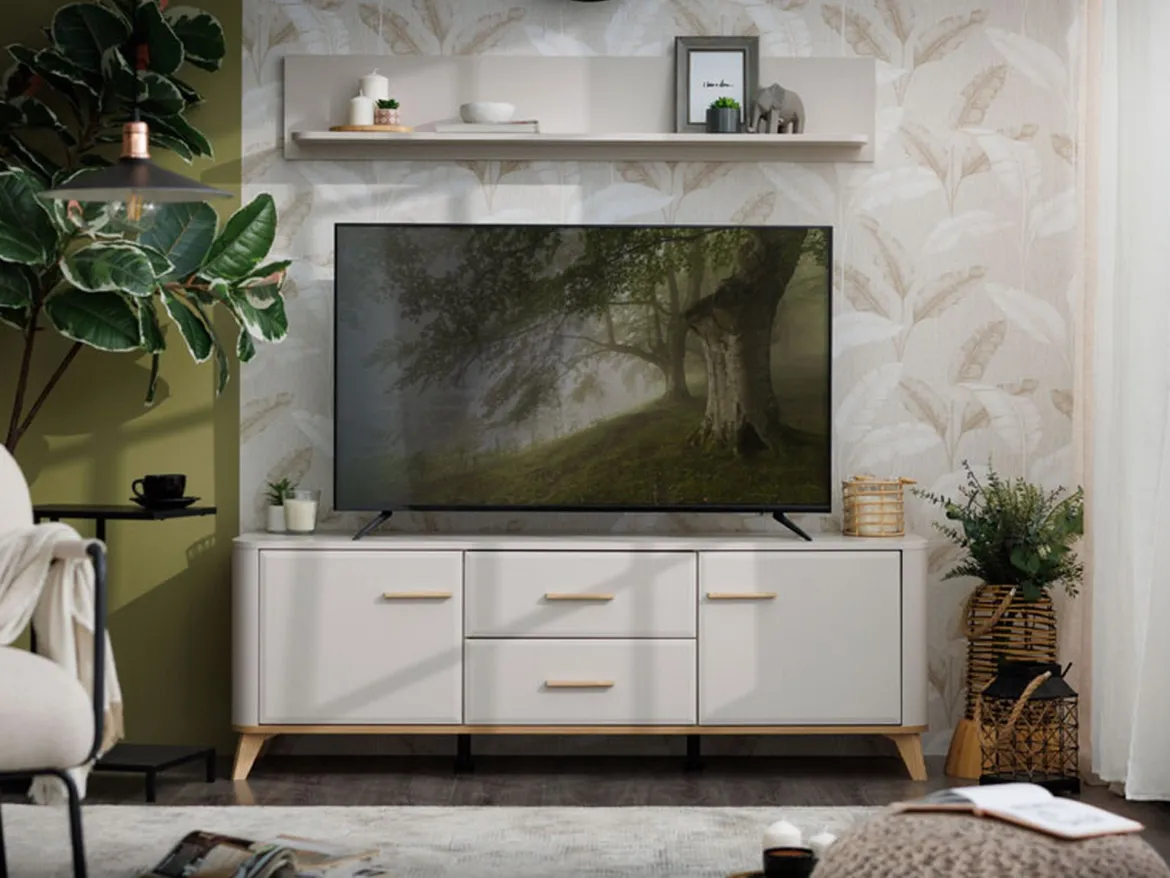 Mobile Porta tv Beige Marrone Rovere 2 Cassetti un Ripiano 154x41.5x50.5h cm, 2 Ante - Paduli