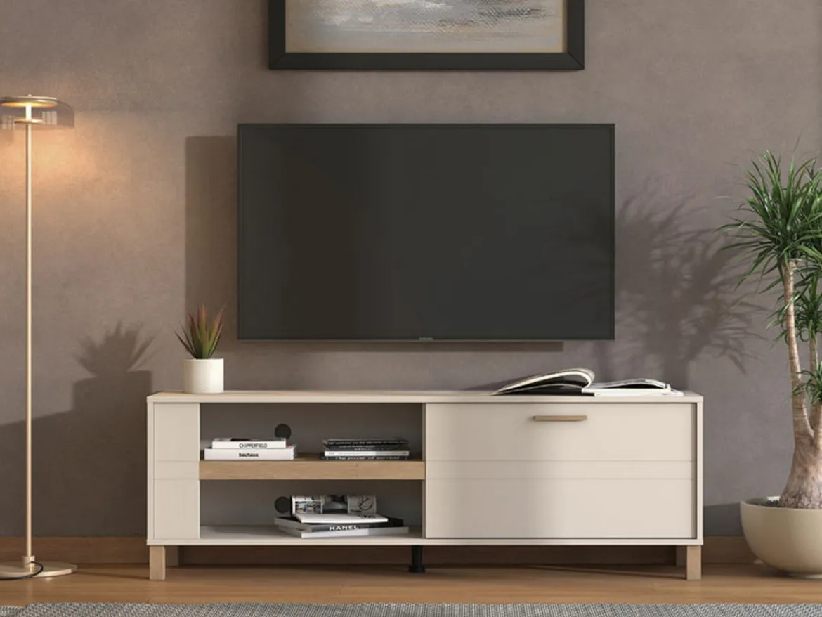 Mobile Porta tv Beige Marrone Rovere Modulabile un Ripiano 200x30x31h cm, 2 Ante - Sindia