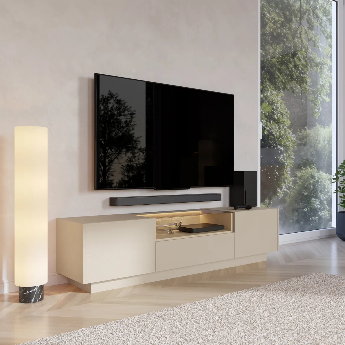 Mobile Porta tv Beige Marrone Rovere un Ripiano 2 Ante 154x41.5x32h cm, 2 Vani - Carcare