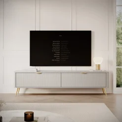 Mobile Porta tv Beige oro un Ripiano 2 Ante 200x38x51h cm, Ante Effetto Rigato con Piedini - Kala