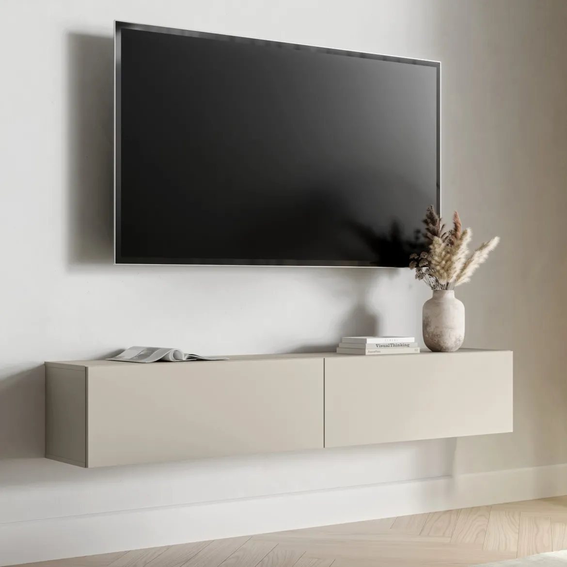 Mobile Porta tv Beige un Ripiano 2 Ante 180x40x60h cm, Caminetto Incluso - Silvi