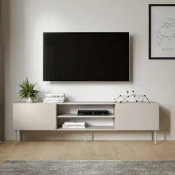 Mobile Porta tv Beige un Ripiano 2 Ante 200x42x57h cm, con Piedini in Metallo - Cesara