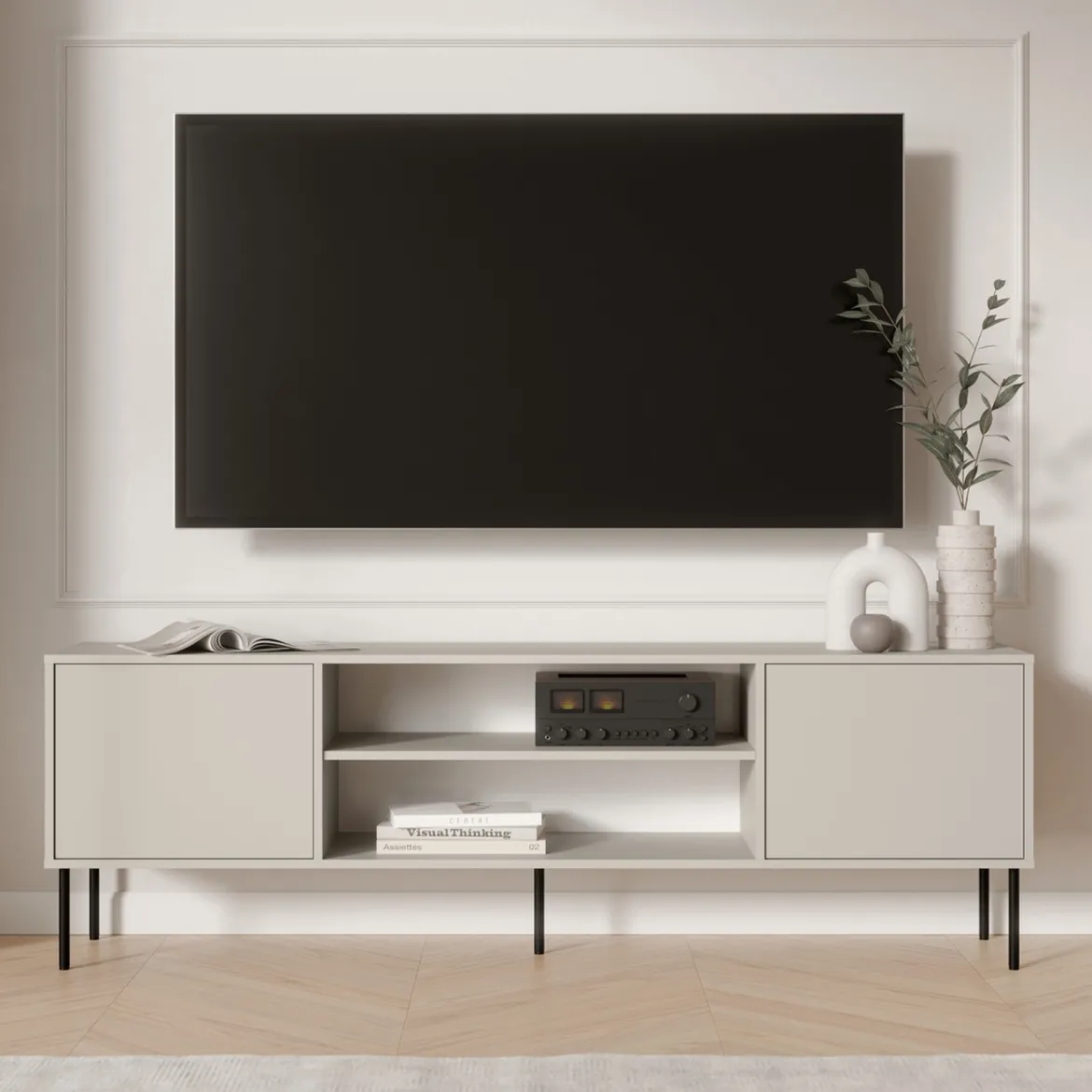 Mobile Porta tv Beige un Ripiano 3 Ante 200x40x60h cm, Anta Dettaglio Vetro - Fiuggi