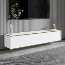 Mobile Porta tv Bianco 3 Ante con Finiture oro 180x35x45h cm, 3 Vani - Sassello