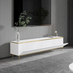 Mobile Porta tv Bianco 3 Ante con Finiture oro 180x35x45h cm, 3 Vani - Sassello