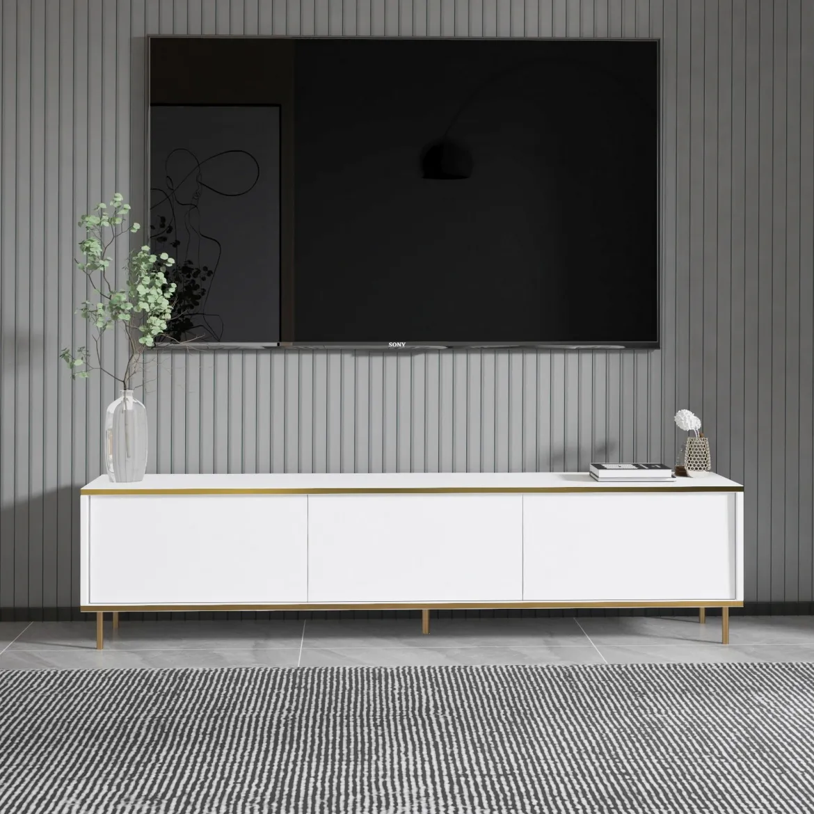 Mobile Porta tv Bianco 3 Ante con Finiture oro 180x35x45h cm, 3 Vani - Sassello