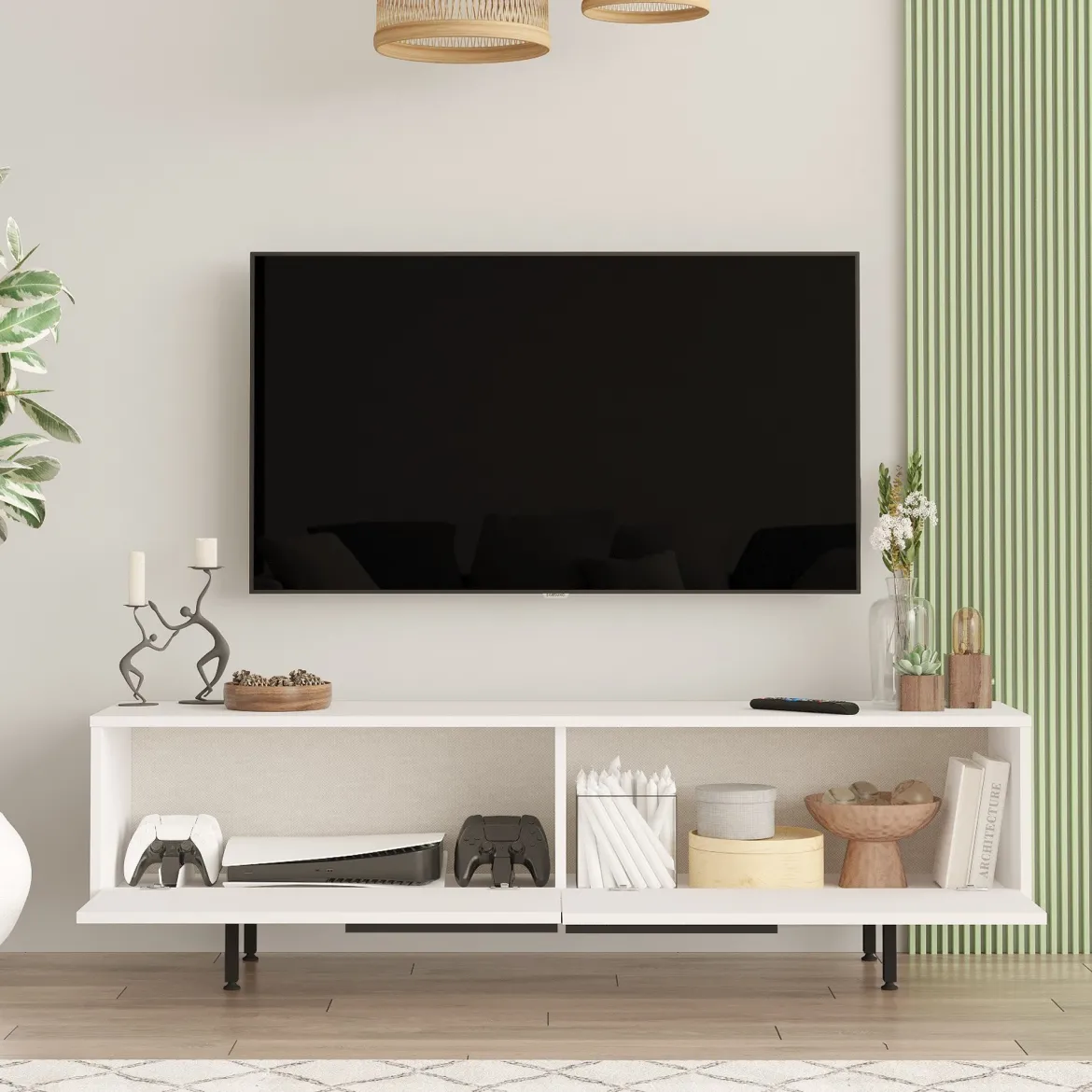 Mobile Porta tv Bianco 2 Ante 2 Vani 160x36x45h cm, Apertura a Ribalta - Palmi