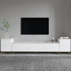 Mobile Porta tv Bianco Bianco Marmo 2 Ripiani 5 Ante 180x35x45h cm, con Finiture oro - Cortin