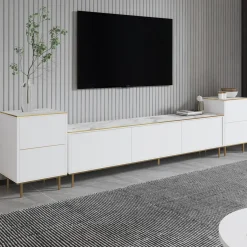 Mobile Porta tv Bianco Bianco Marmo 2 Ripiani 5 Ante 180x35x45h cm, con Finiture oro - Cortin