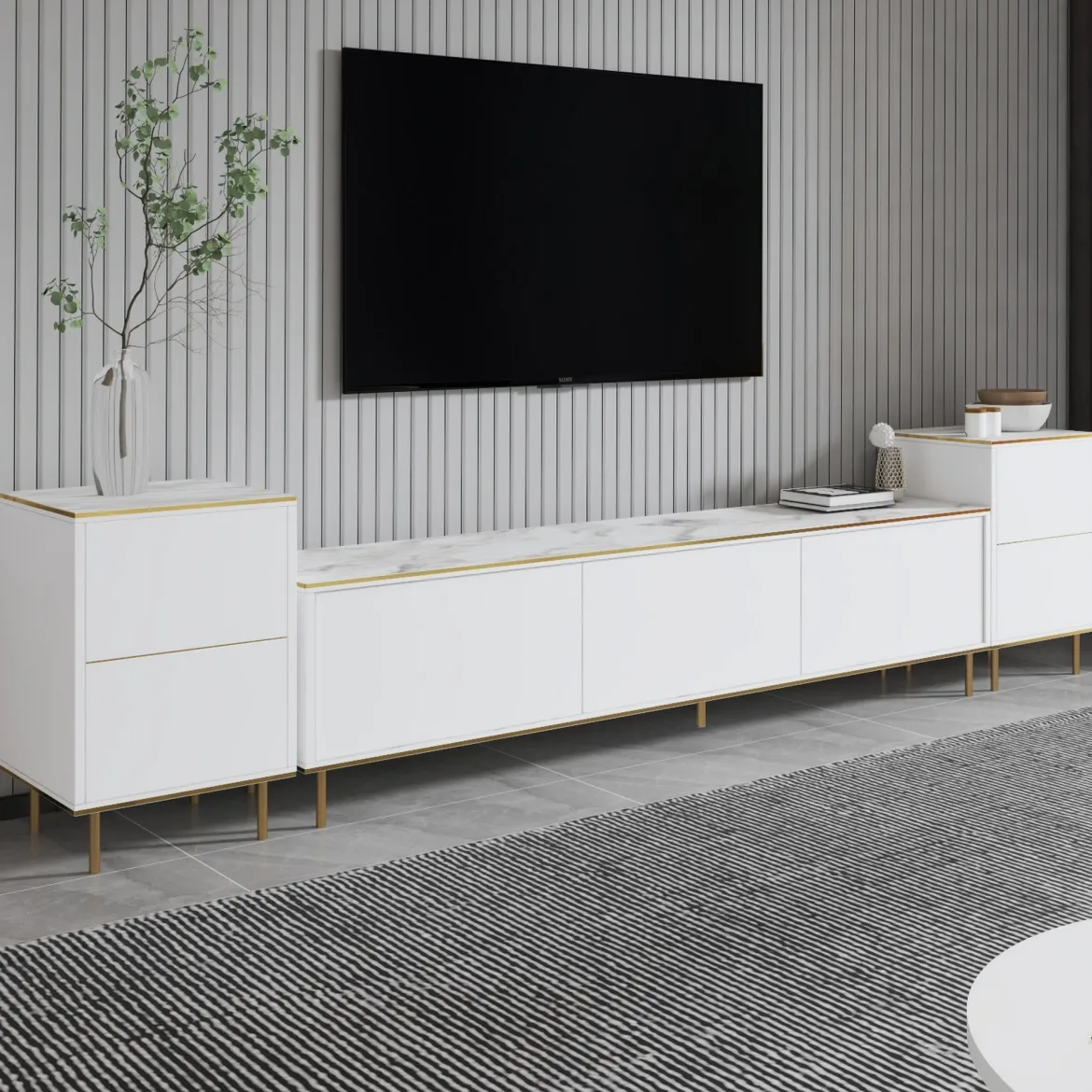 Mobile Porta tv Bianco Bianco Marmo 2 Ripiani 5 Ante 180x35x45h cm, con Finiture oro - Cortin