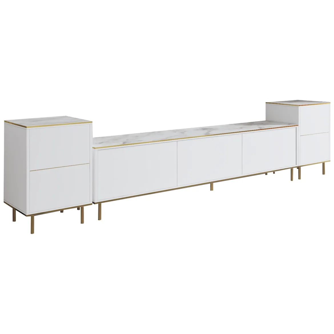 Mobile Porta tv Bianco Bianco Marmo 2 Ripiani 5 Ante 180x35x45h cm, con Finiture oro - Cortin