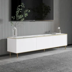 Mobile Porta tv Bianco Bianco Marmo 3 Ante con Finiture oro 180x35x45h cm, 3 Vani - Sassello