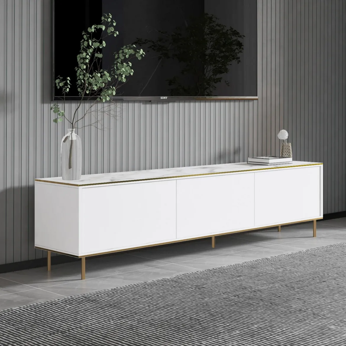 Mobile Porta tv Bianco Bianco Marmo 3 Ante con Finiture oro 180x35x45h cm, 3 Vani - Sassello