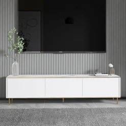 Mobile Porta tv Bianco Bianco Marmo 3 Ante con Finiture oro 180x35x45h cm, 3 Vani - Sassello