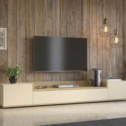 Mobile Porta tv Bianco Cashmere Marrone Rovere Chiaro 3 Ripiani 3 Ante 200x35x30h cm, 4 Vani Made in Italy - Oxanna