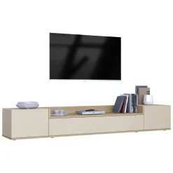 Mobile Porta tv Bianco Cashmere Marrone Rovere Chiaro 3 Ripiani 3 Ante 200x35x30h cm, 4 Vani Made in Italy - Oxanna