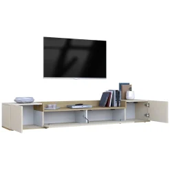Mobile Porta tv Bianco Cashmere Marrone Rovere Chiaro 3 Ripiani 3 Ante 200x35x30h cm, 4 Vani Made in Italy - Oxanna