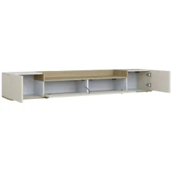 Mobile Porta tv Bianco Cashmere Marrone Rovere Chiaro 3 Ripiani 3 Ante 200x35x30h cm, 4 Vani Made in Italy - Oxanna