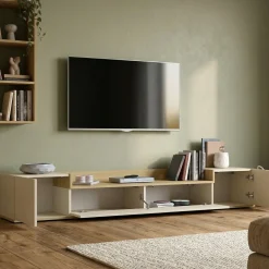 Mobile Porta tv Bianco Cashmere Marrone Rovere Chiaro 3 Ripiani 3 Ante 200x35x30h cm, 4 Vani Made in Italy - Oxanna