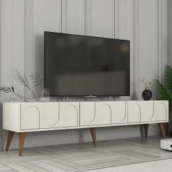 Mobile Porta tv Bianco Crema Marrone Noce 3 Ante Apertura a Ribalta 180x35x44h cm, 3 Vani - Scafa